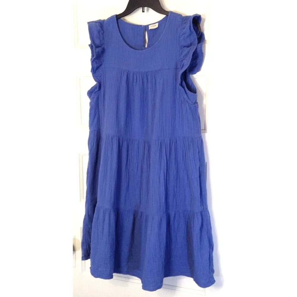 J.Crew Dress Wn L Blue Babydoll Tiered Ruffled Pockets Peasant Milkmaid Cottage - Picture 3 of 11